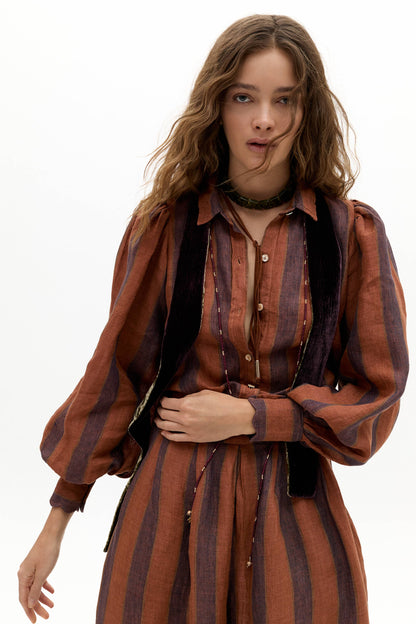 Lanhtropy Camille Linen Shirt and Sabi Linen Pants Set - Camino Brick Stripes