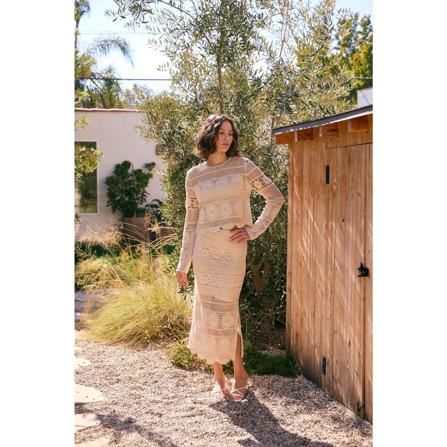 FLORAL SHEER CROCHET TOP AND SKIRT SET WITH SCALLOP HEM