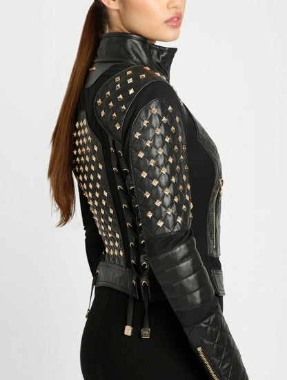 Blanc Noir Pyramid Stud Mesh Genuine Leather Moto Jacket