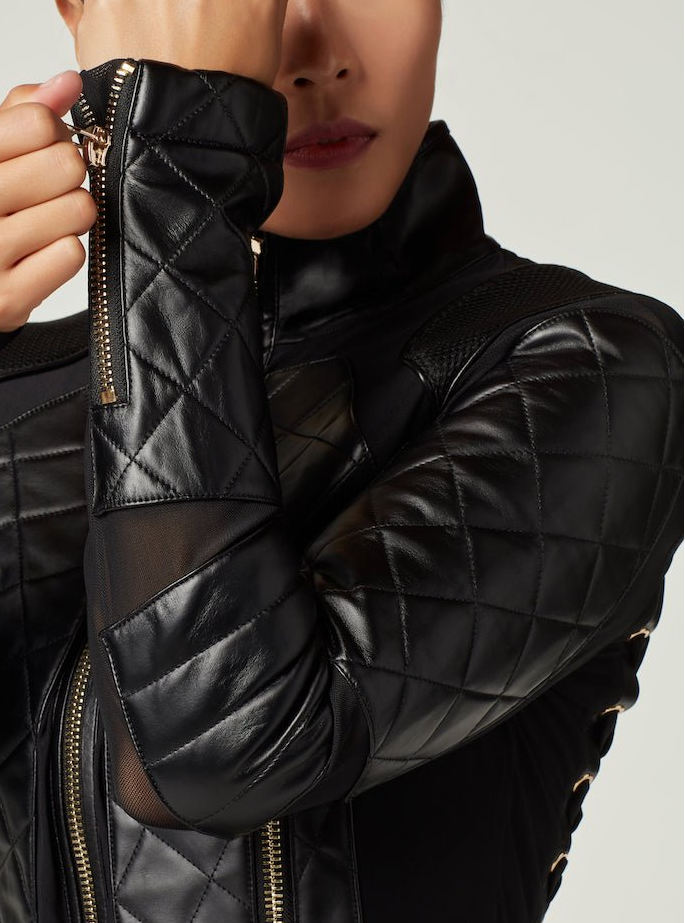 Blanc Noir Mesh Moto Jacket with Black Leather & Gold Trims - Gold Collection with Lace Up Back