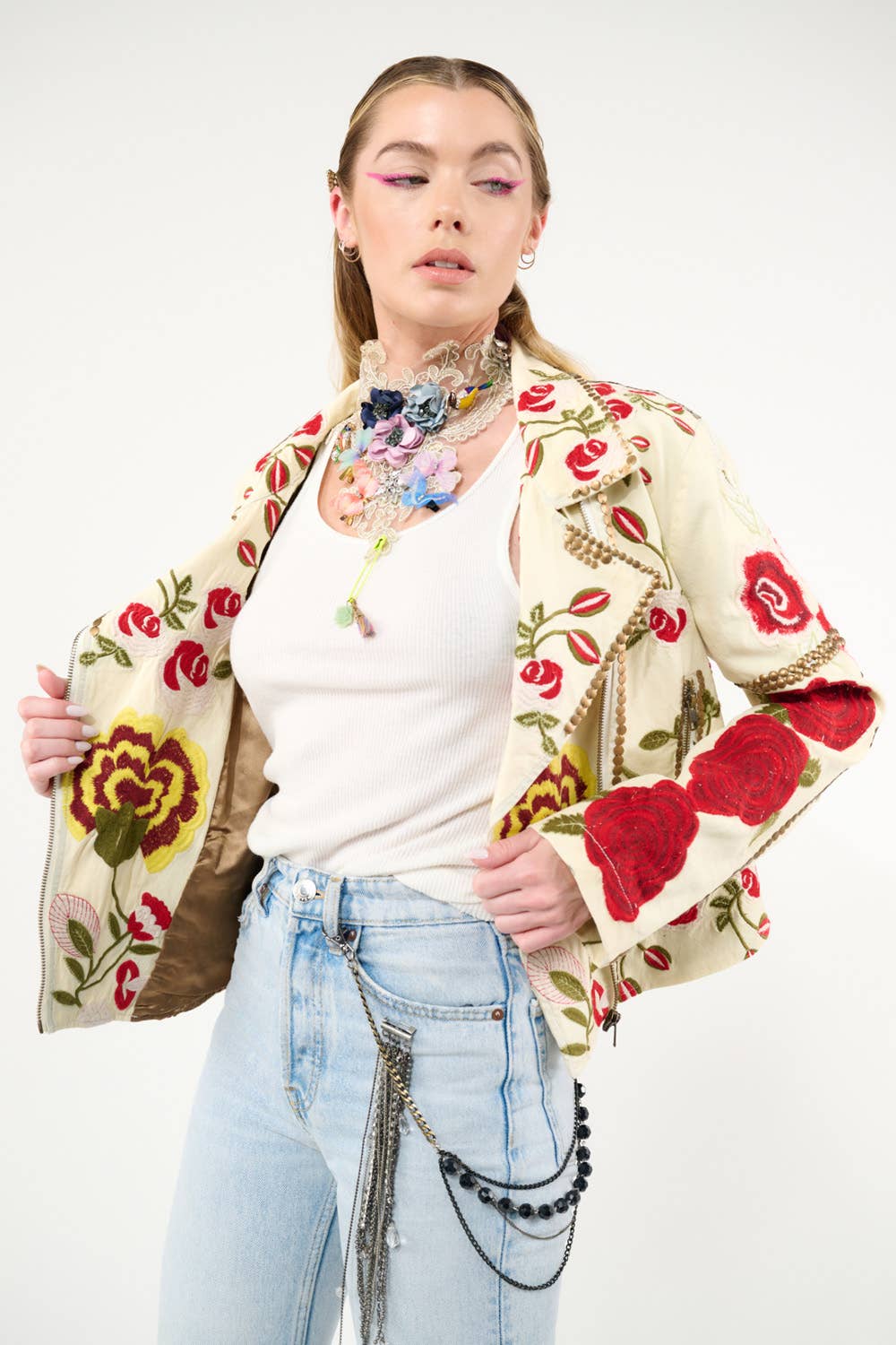 Carmen Embroidered Denim Motorcycle Jacket