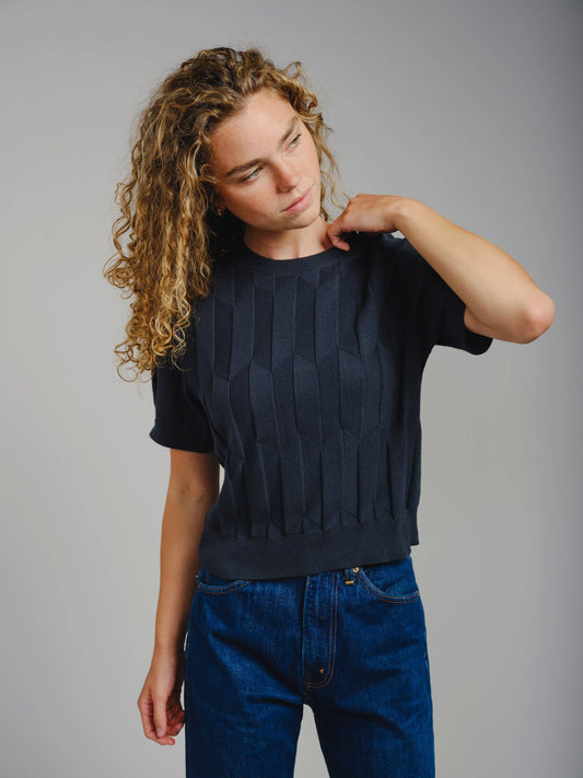 The Endery Chevron Ruben Tee in the Shade Lobelia