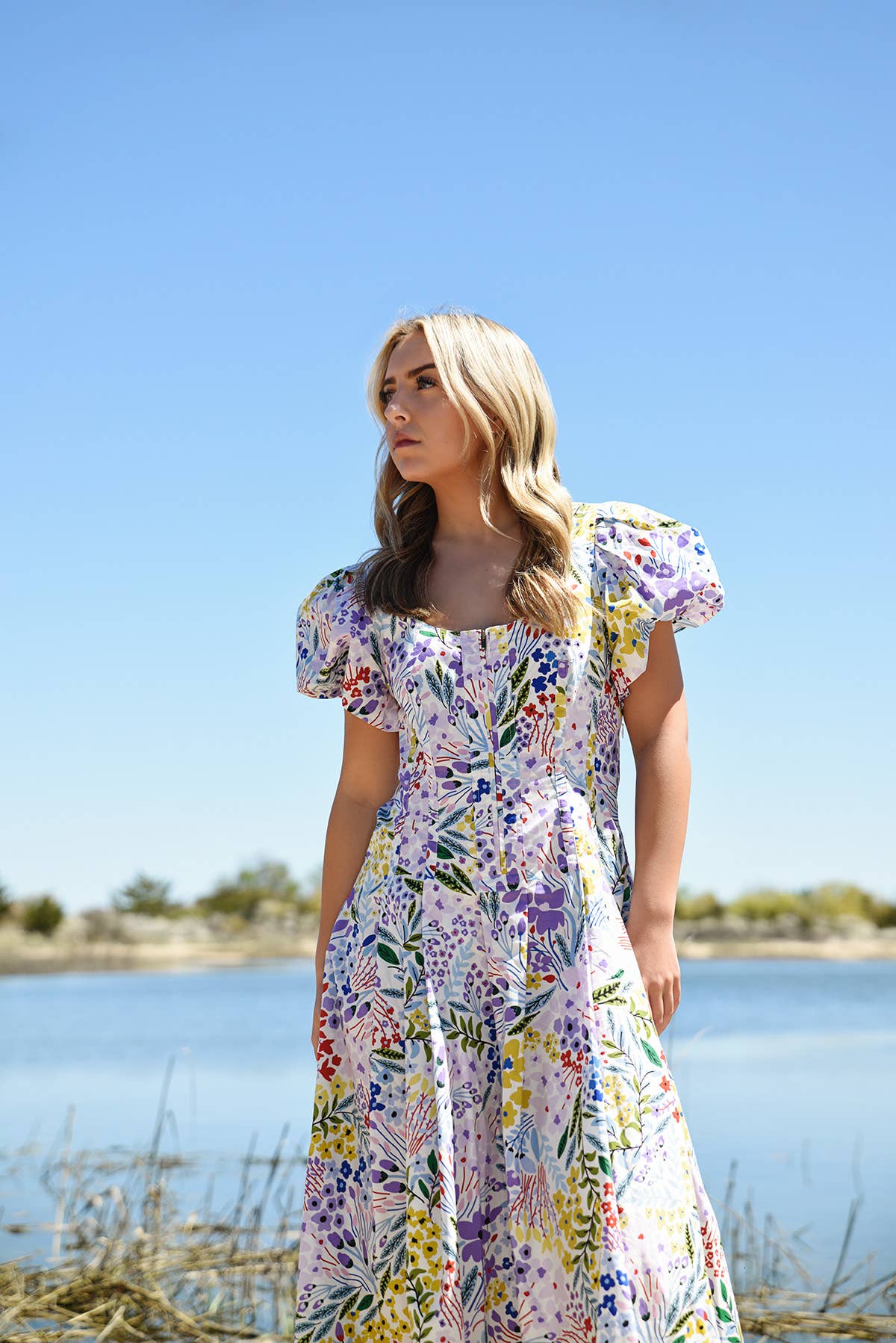 Jessie Zhao Purple Garden Scoop Neck Cotton Midi Dress