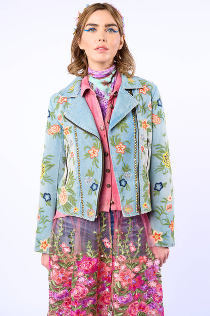 Aratta Lucinda Embroidered Denim Motorcycle Jacket