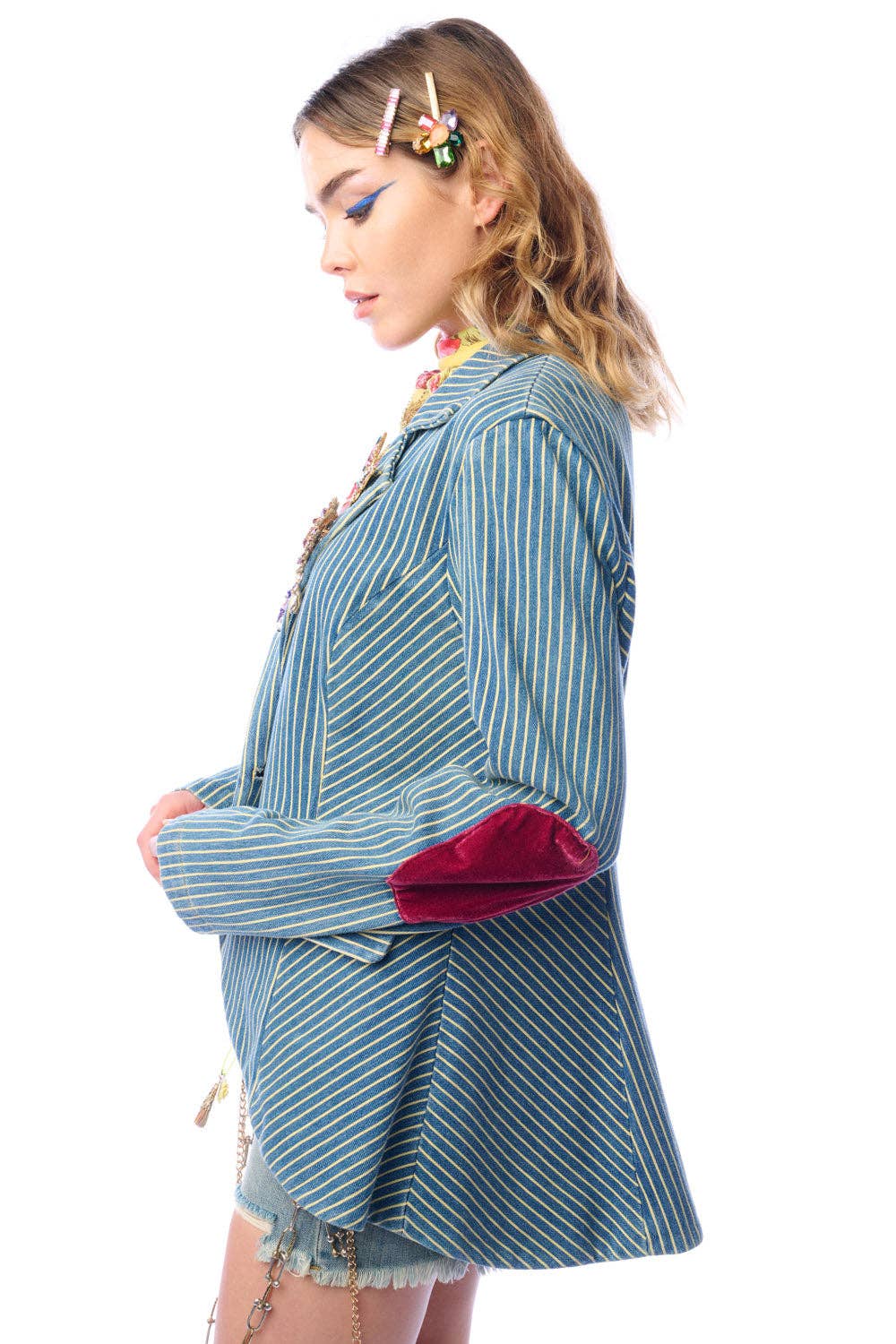 Aratta Alaia Stripe Denim Blazer with Lapel Embellishments