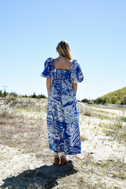 Jessie Zhao Blue Printmaking Square-Neck Cotton Midi Dress