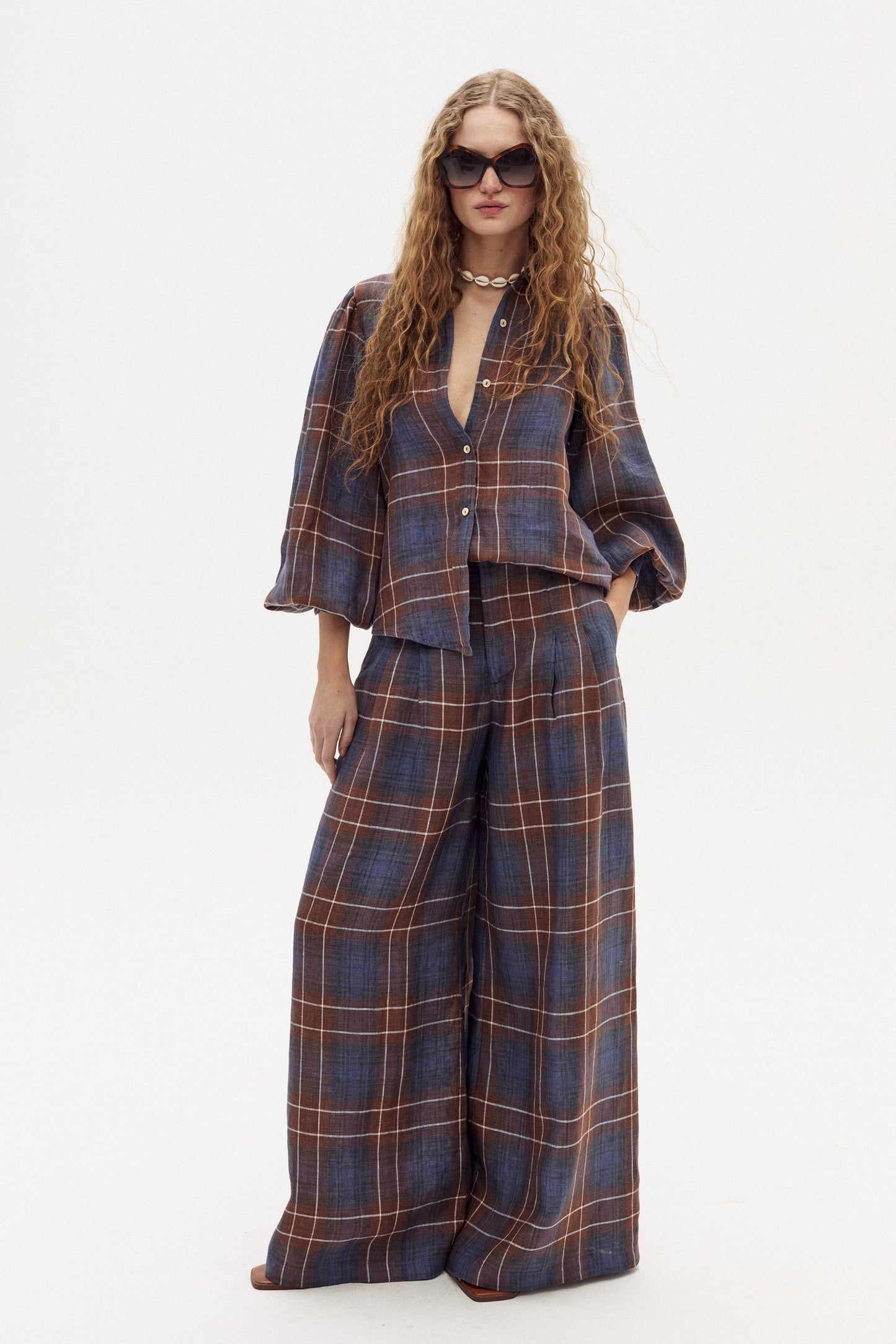 Lanhtropy Camille Linen Shirt in Forest Checks