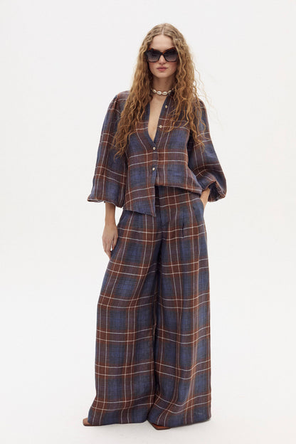 Lanhtropy Camille Linen Shirt in Forest Checks