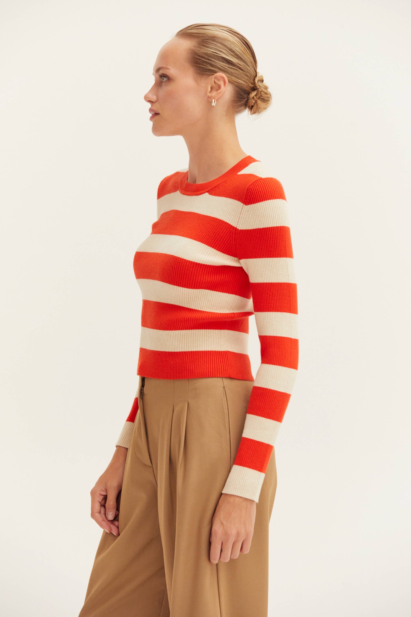 Crescent Lia Orange and Cream Striped Rib Knit Top