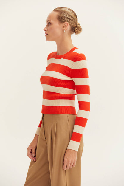 Crescent Lia Orange and Cream Striped Rib Knit Top