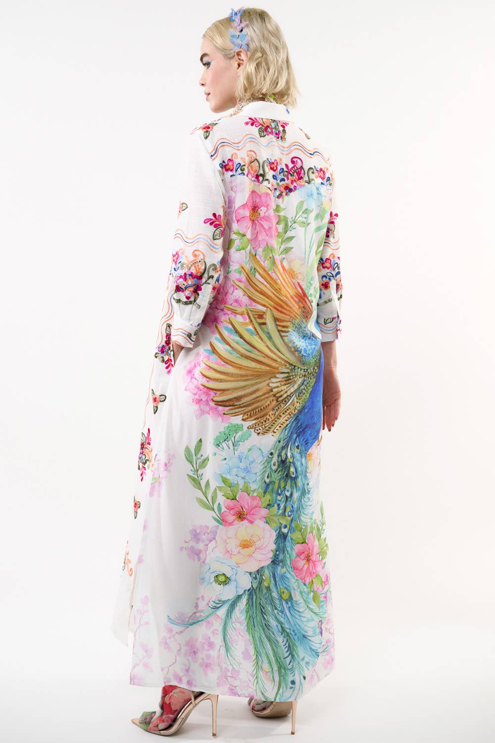 Aratta Beauty Mark Maxi Duster- White | Floral Coat Dress