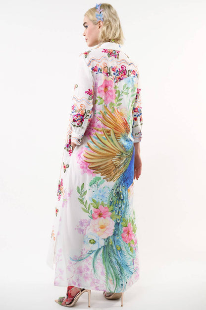 Aratta Beauty Mark Maxi Duster- White | Floral Coat Dress