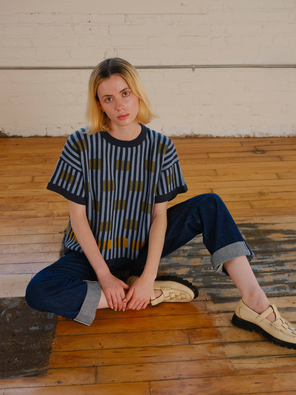 The Endery Bauhaus Short Sleeve Sweater Tee in the Lazurite Palette