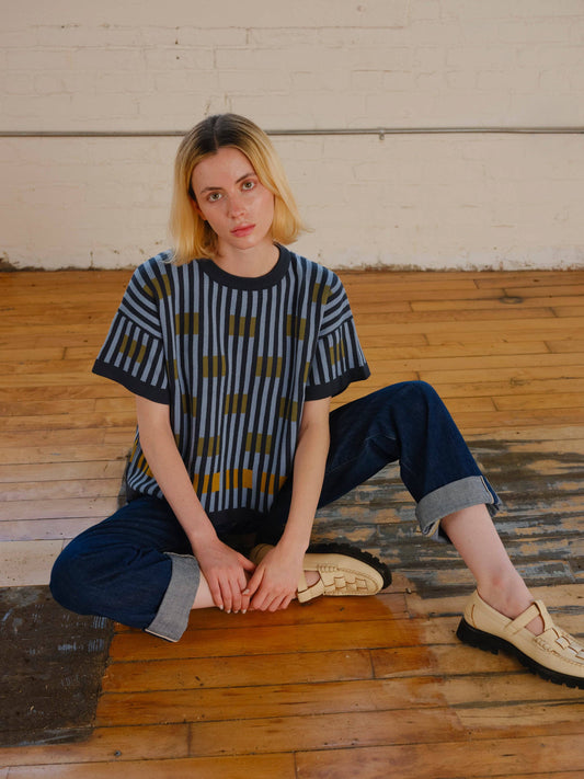 The Endery Bauhaus Short Sleeve Sweater Tee in the Lazurite Palette