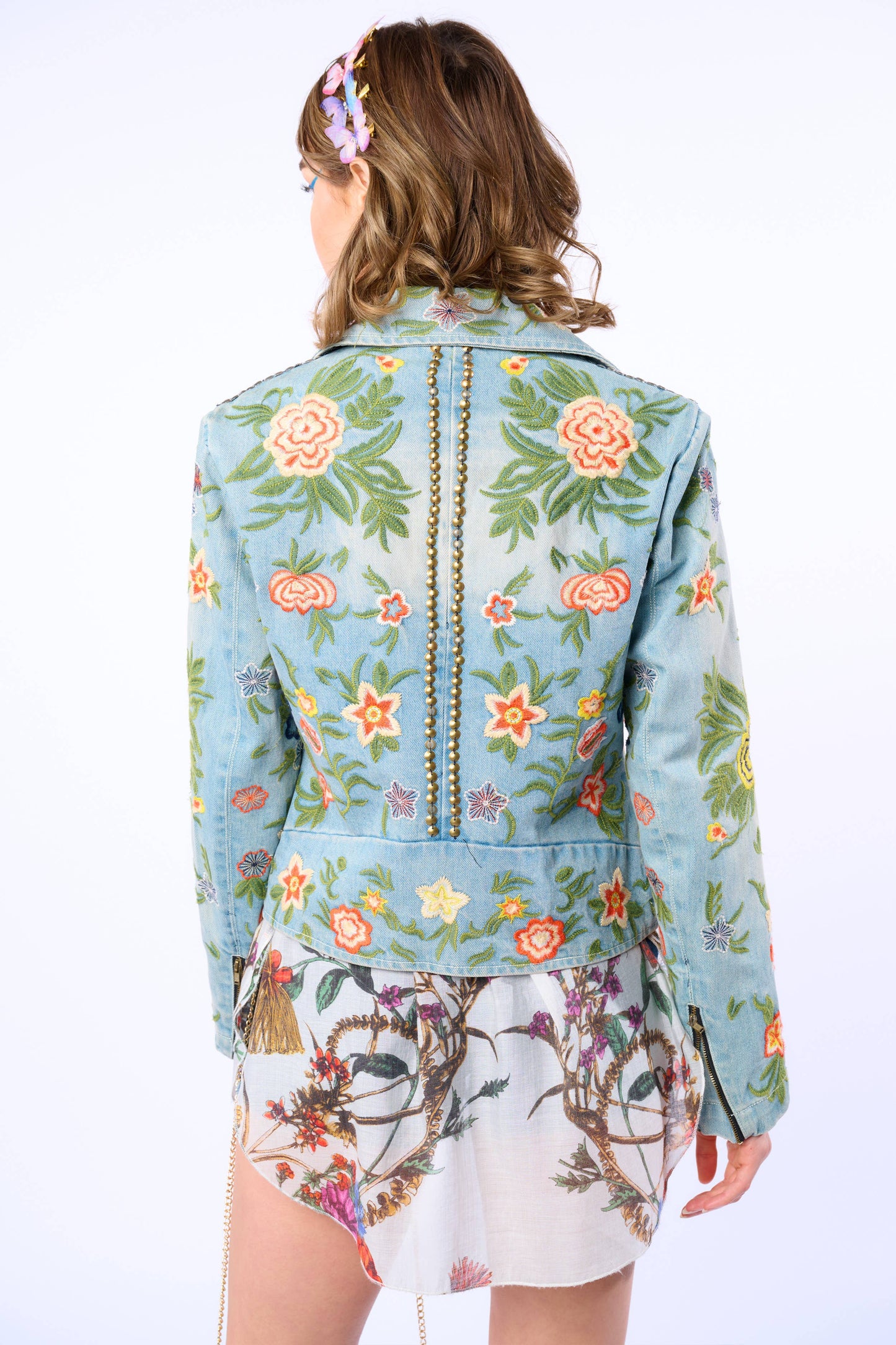 Aratta Lucinda Embroidered Denim Motorcycle Jacket