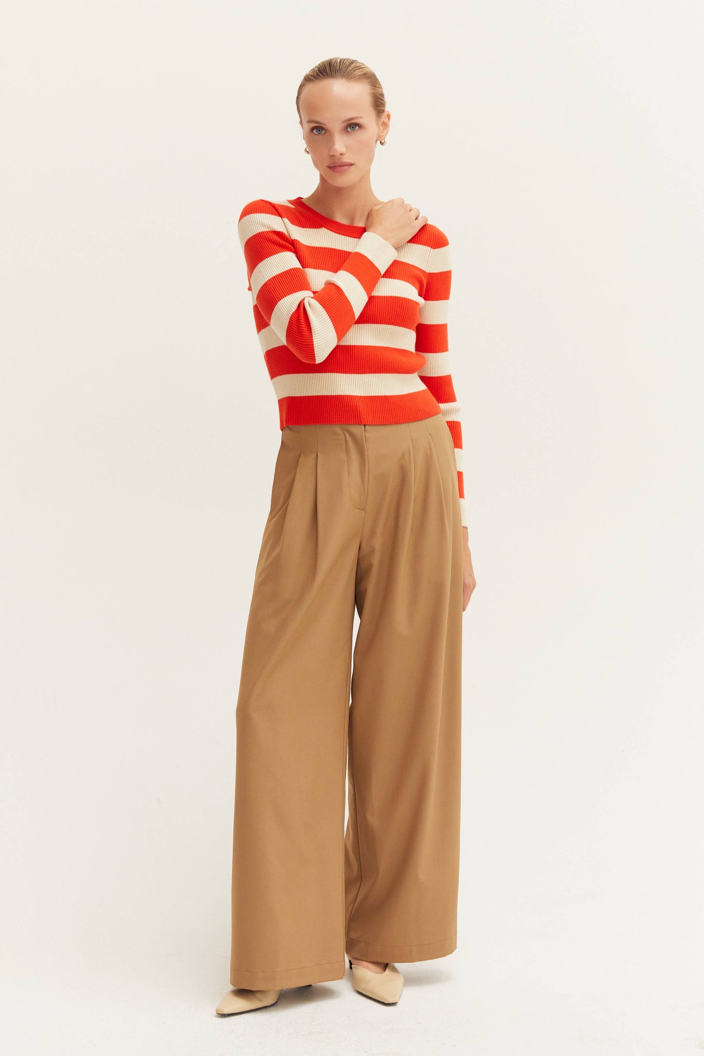 Crescent Lia Orange and Cream Striped Rib Knit Top