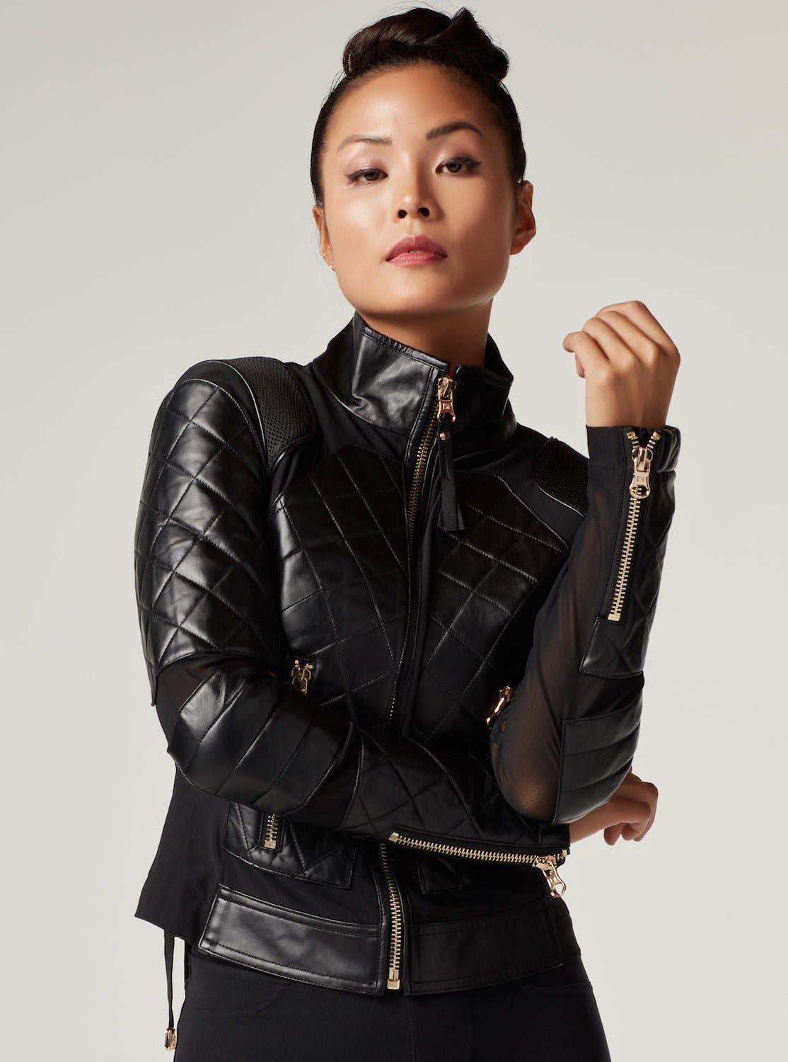 Blanc Noir Mesh Moto Jacket with Black Leather & Gold Trims - Gold Collection with Lace Up Back