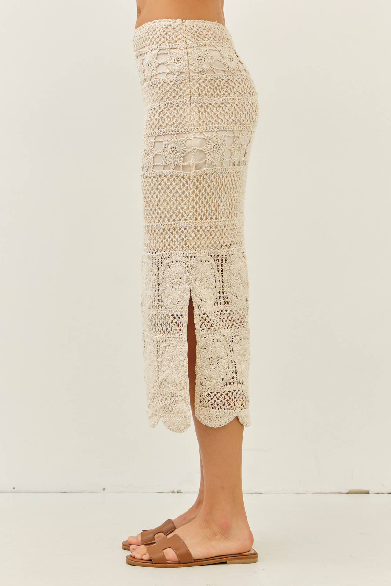 FLORAL SHEER CROCHET TOP AND SKIRT SET WITH SCALLOP HEM