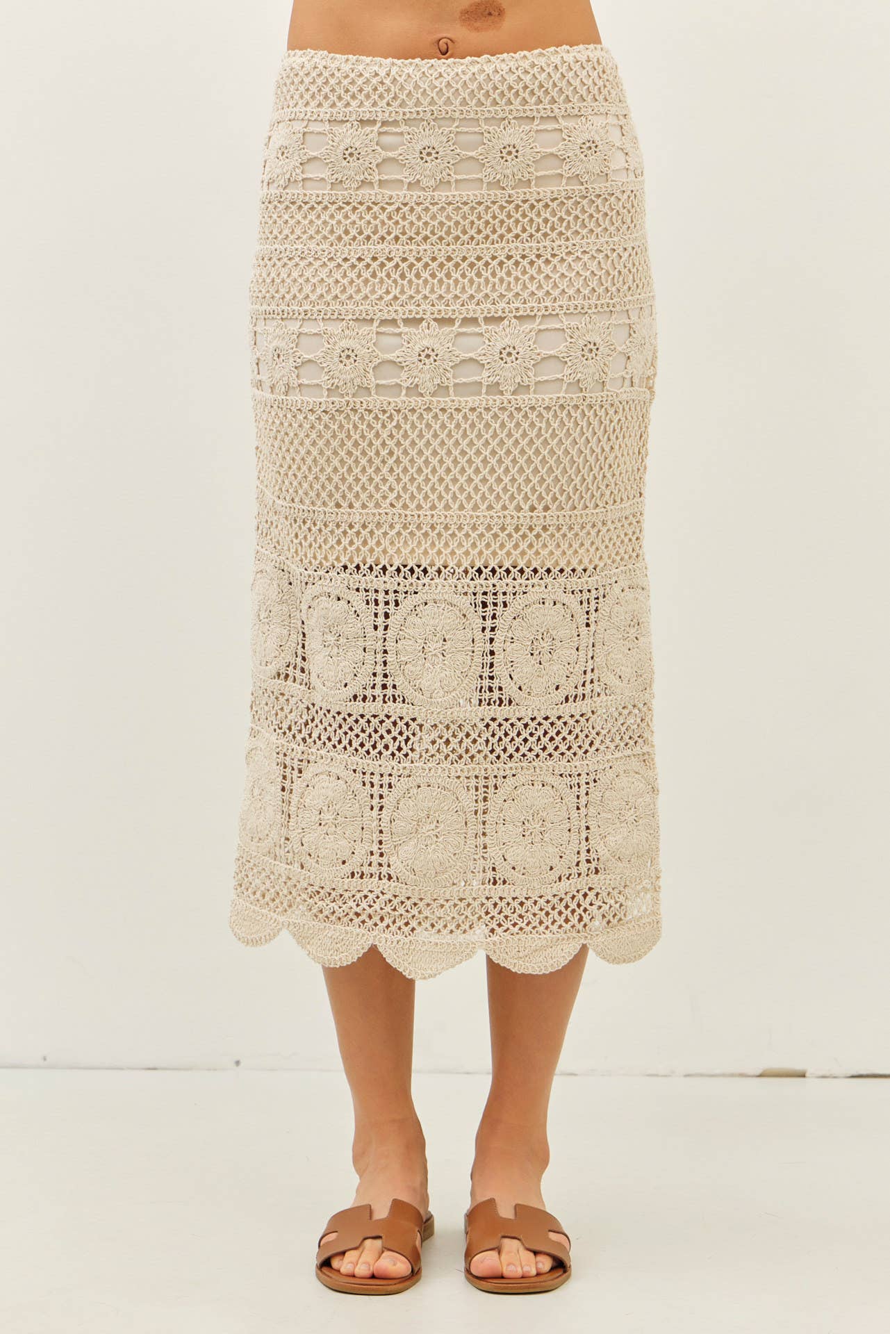 FLORAL SHEER CROCHET TOP AND SKIRT SET WITH SCALLOP HEM