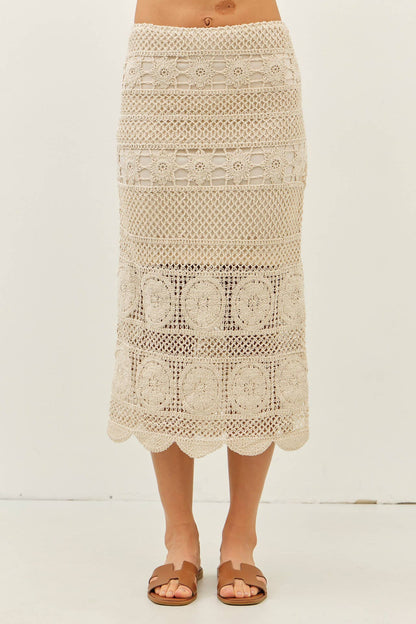 FLORAL SHEER CROCHET TOP AND SKIRT SET WITH SCALLOP HEM