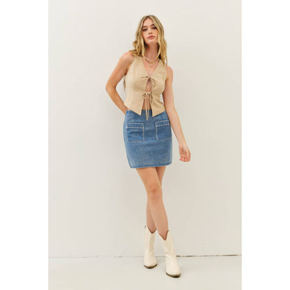 CLASSIC SOFT LINEN OPEN-FRONT VEST WITH BOW DETAIL