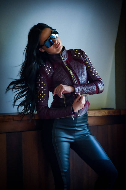 Blanc Noir Pyramid Stud Mesh Genuine Leather Moto Jacket