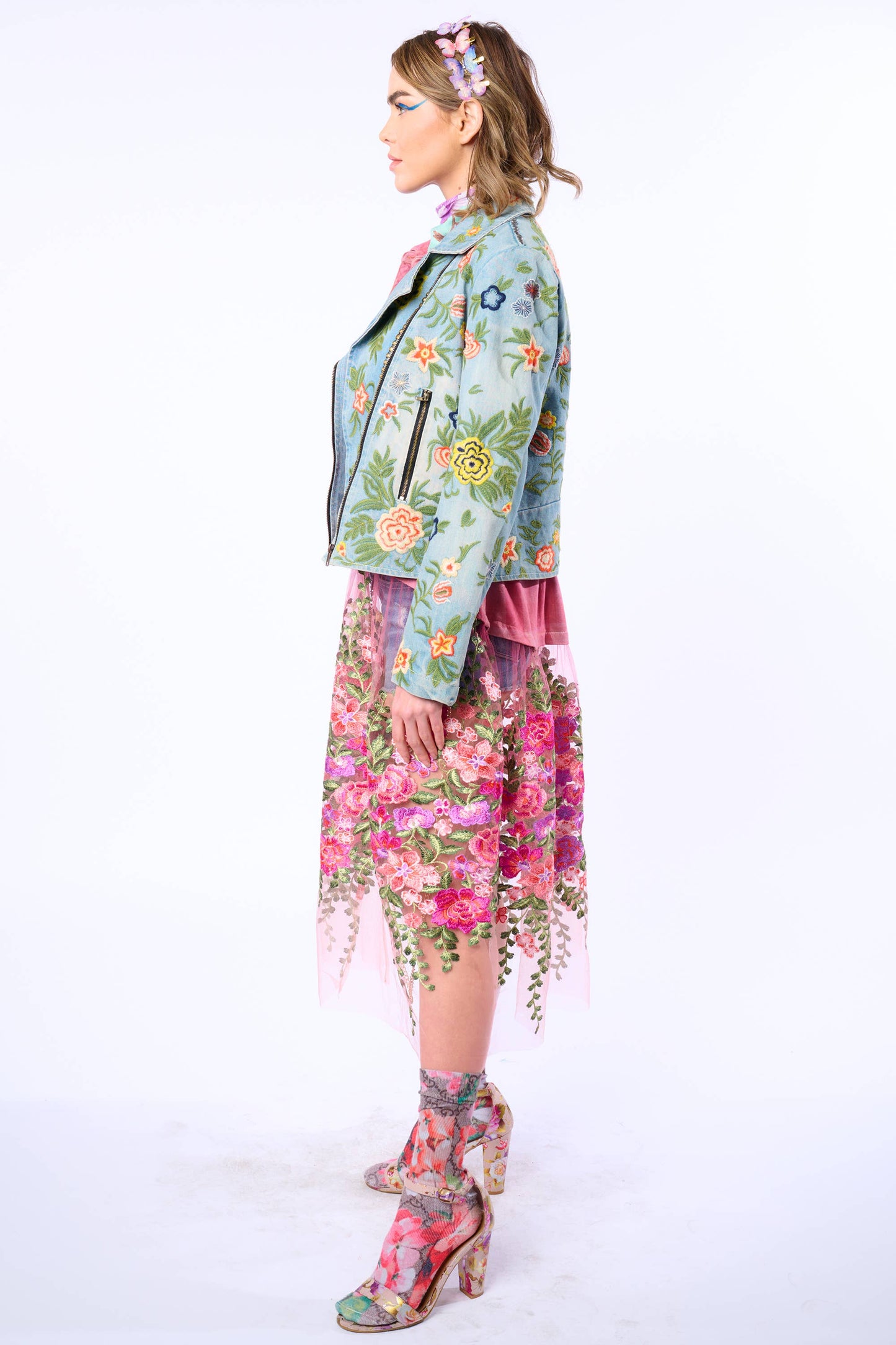 Aratta Lucinda Embroidered Denim Motorcycle Jacket