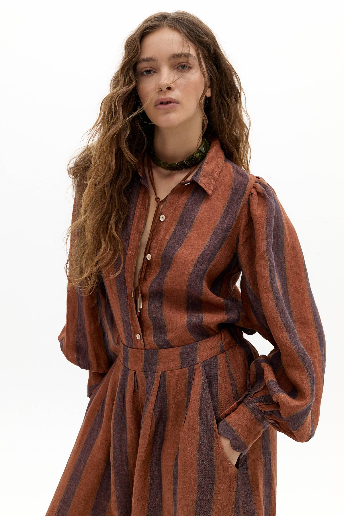 Lanhtropy Camille Linen Shirt and Sabi Linen Pants Set - Camino Brick Stripes