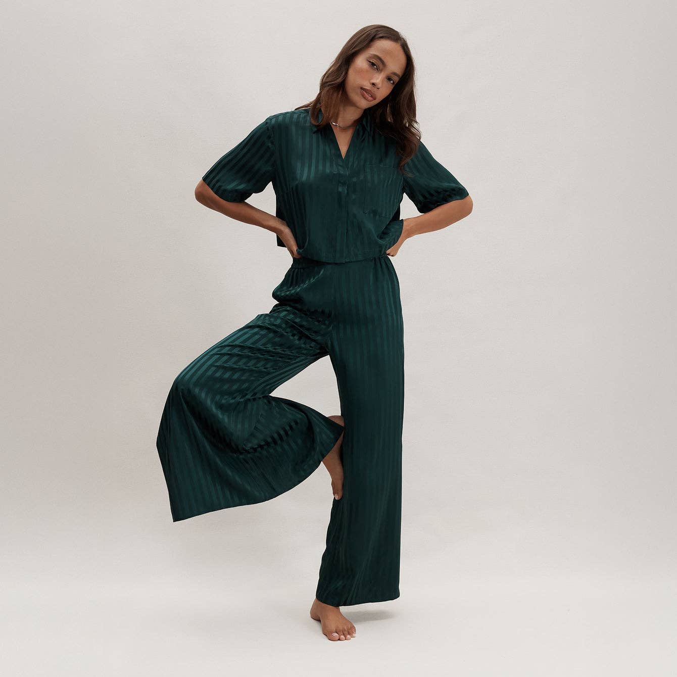 Washable Silk Striped Jacquard High Rise Pant Set