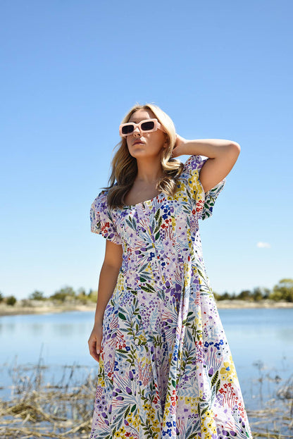 Jessie Zhao Purple Garden Scoop Neck Cotton Midi Dress