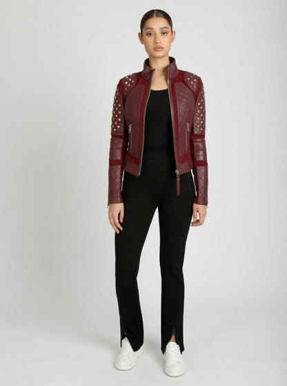 Blanc Noir Pyramid Stud Mesh Genuine Leather Moto Jacket