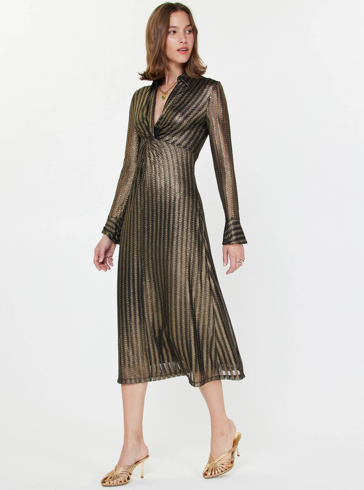 Current Air Metallic Black and Gold Striped Midi Dress