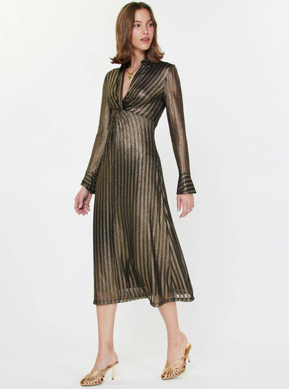 Current Air Metallic Black and Gold Striped Midi Dress
