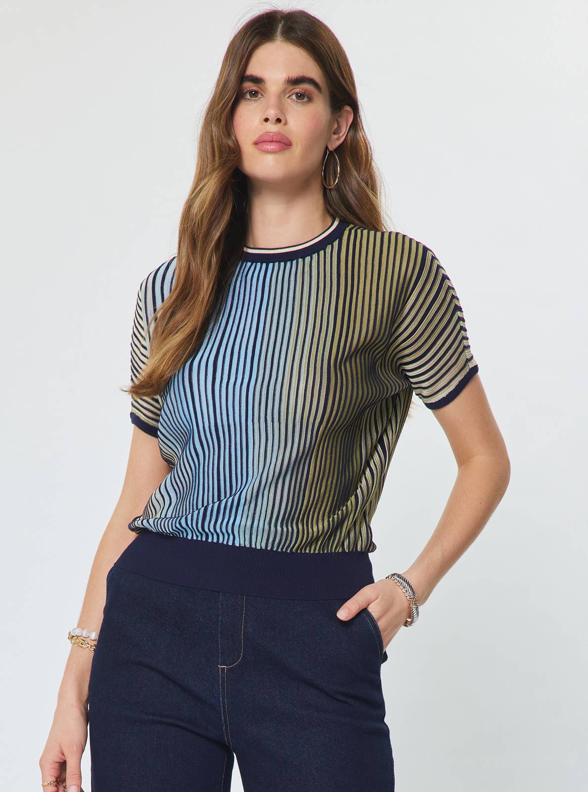 Current Air Striped Dolan Sleeve Sweater and Midi Skirt Set