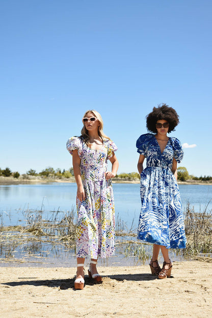 Jessie Zhao Purple Garden Scoop Neck Cotton Midi Dress