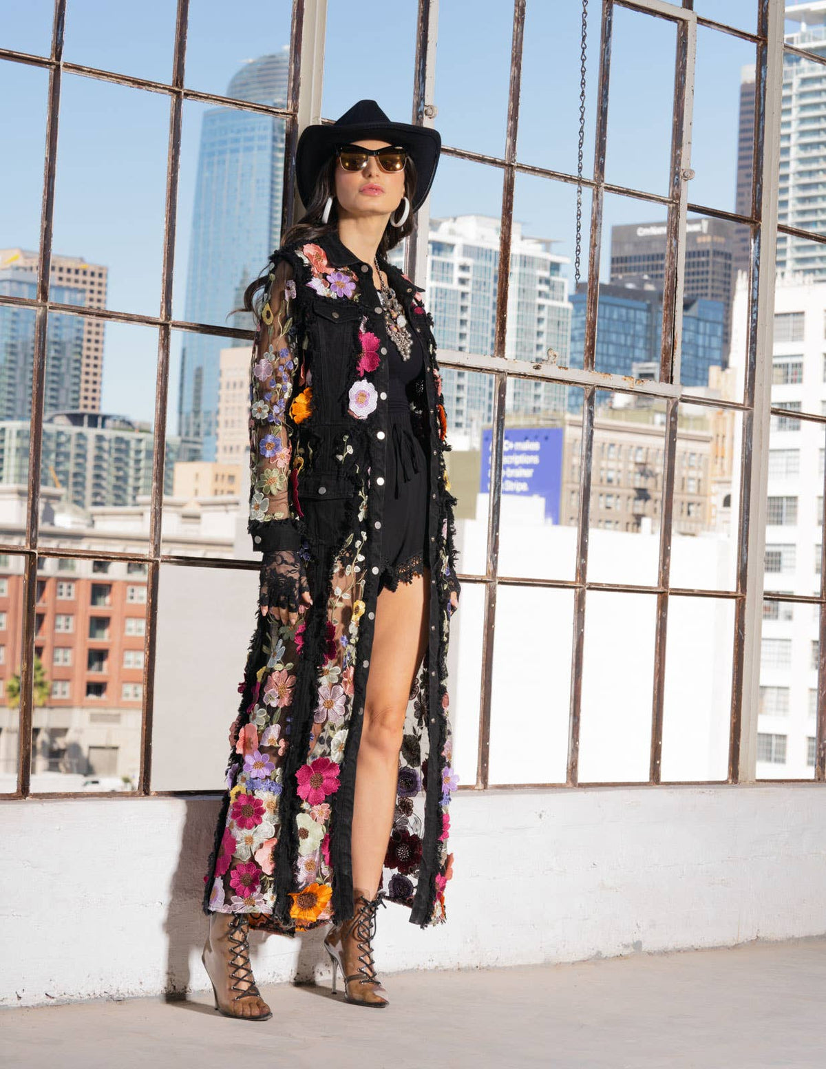 Adore - Long Denim Embroidered Duster Jacket