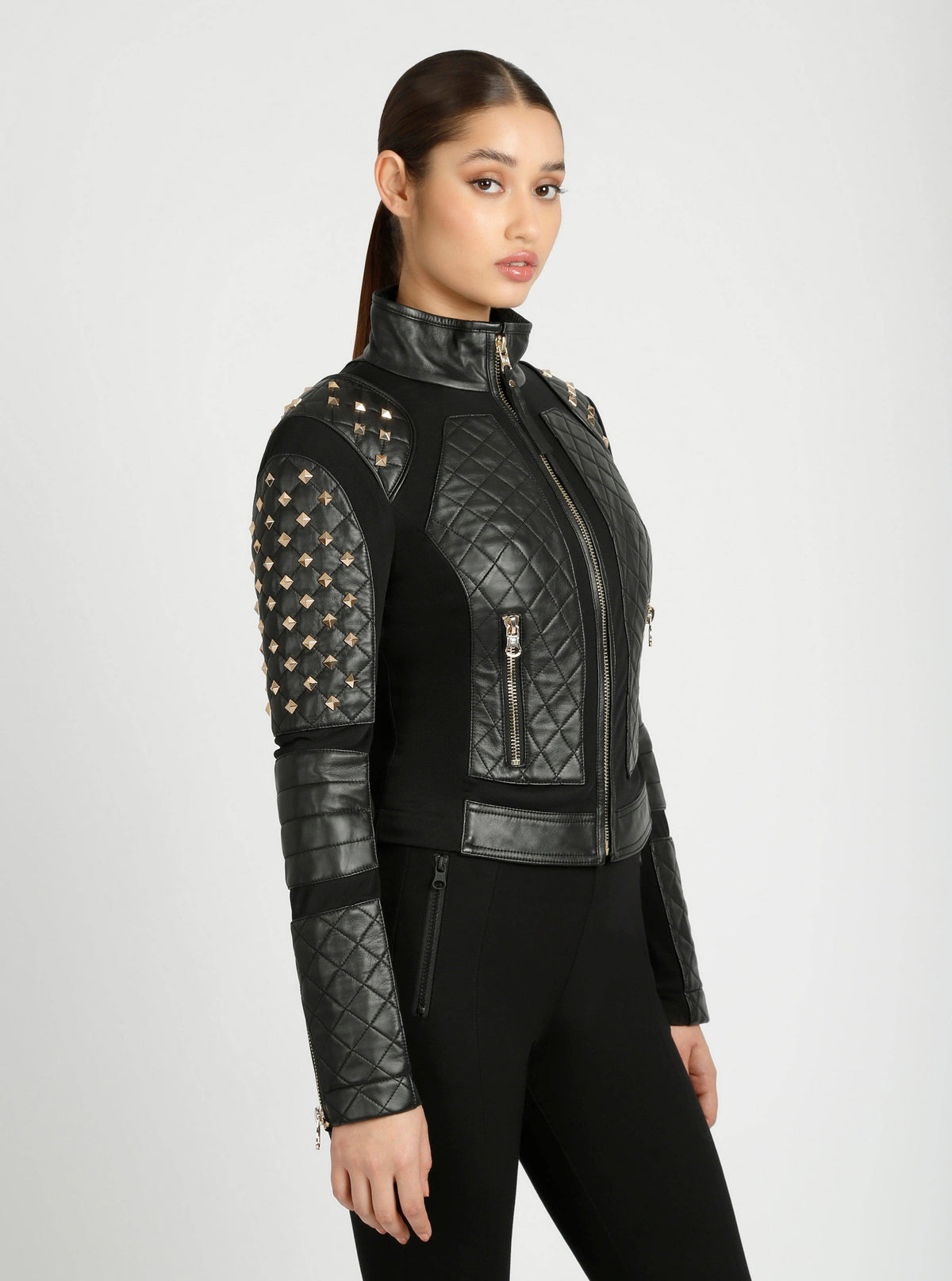 Blanc Noir Pyramid Stud Mesh Genuine Leather Moto Jacket