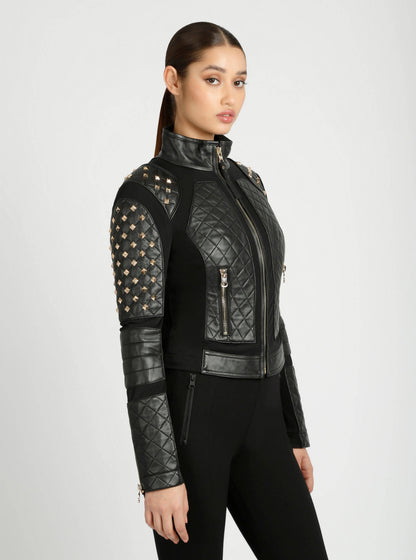 Blanc Noir Pyramid Stud Mesh Genuine Leather Moto Jacket