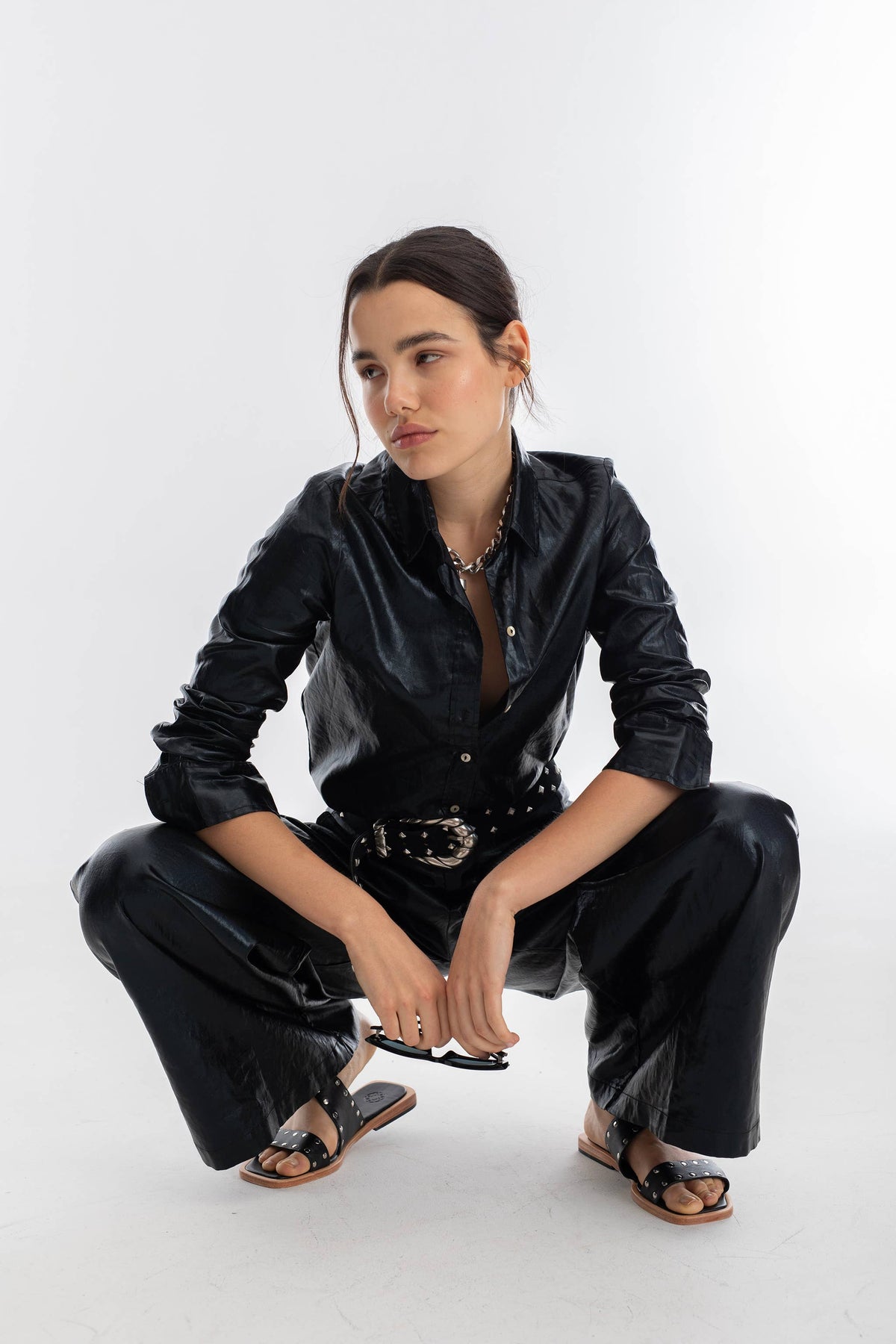 Lanhtropy Culotte Metallic Linen Pants - Black