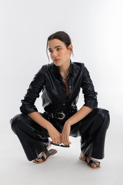 Lanhtropy Culotte Metallic Linen Pants - Black