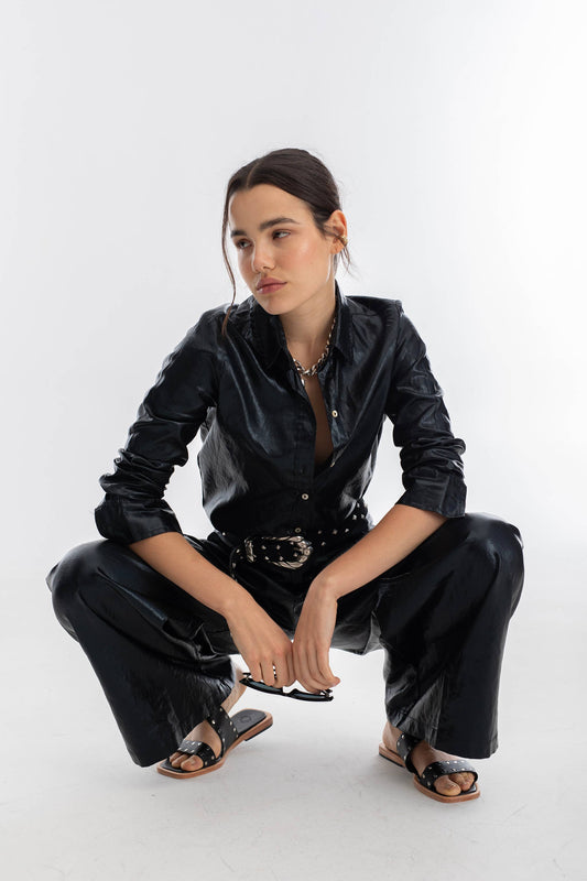 Lanhtropy Culotte Metallic Linen Pants - Black
