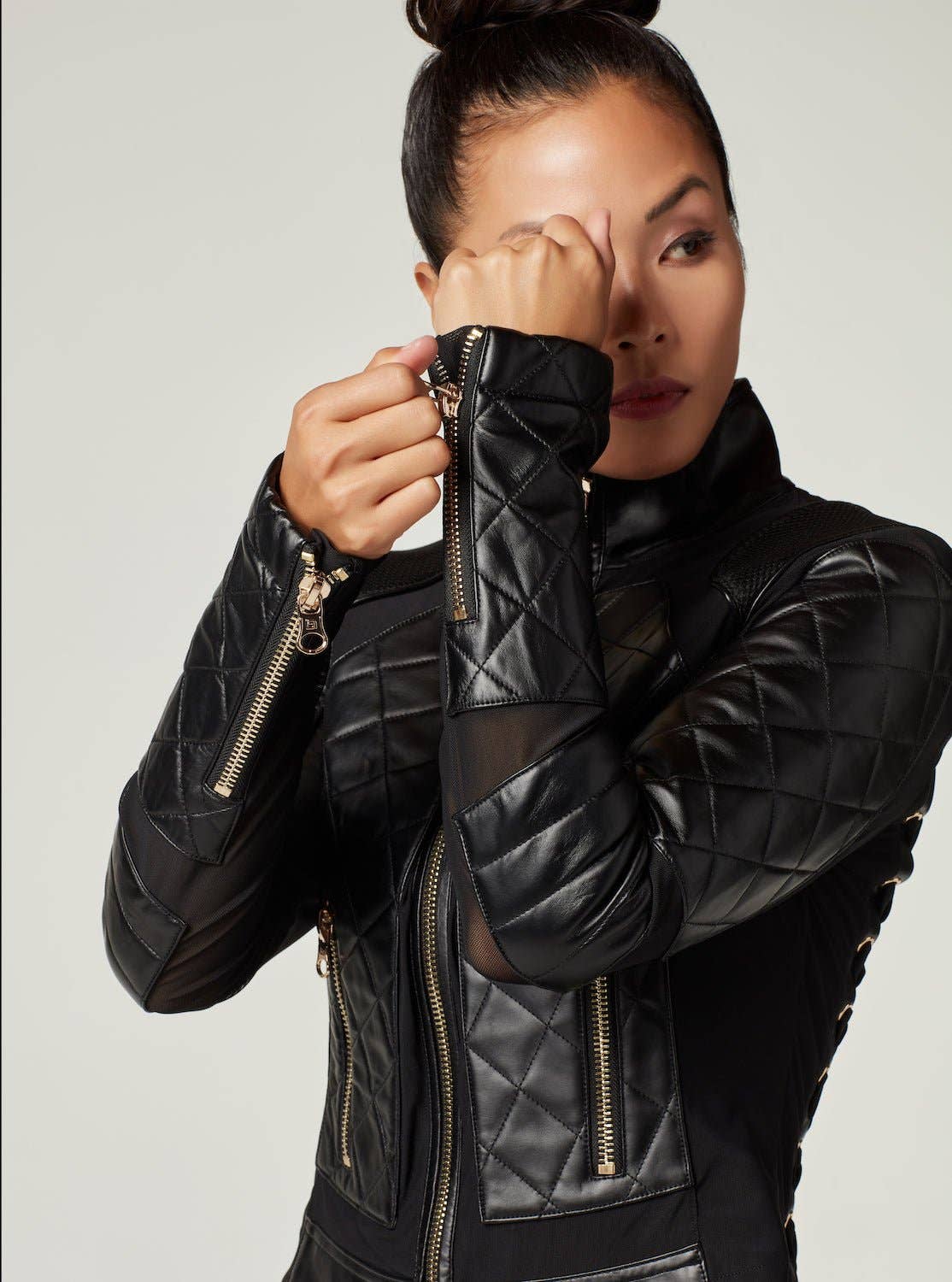 Blanc Noir Mesh Moto Jacket with Black Leather & Gold Trims - Gold Collection with Lace Up Back
