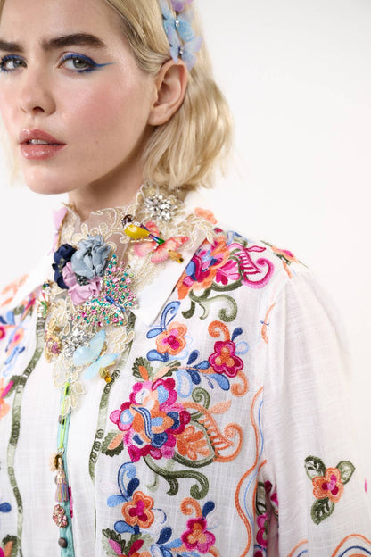 Aratta Beauty Mark Maxi Duster- White | Floral Coat Dress