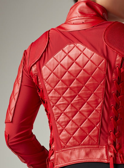 Blanc Noir Classic Red Leather Mesh Moto Jacket