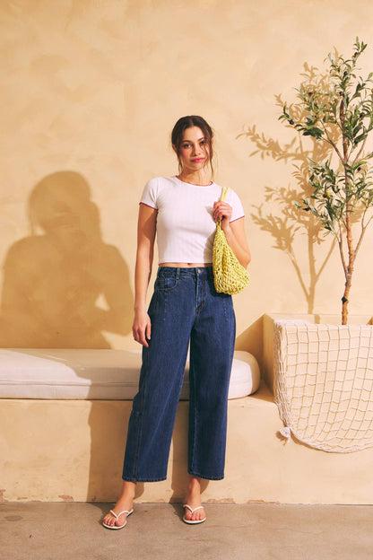 MID RISE BARREL LEG ANKLE DENIM PANTS WITH POCKETS