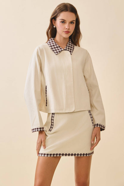 Contrast Gingham Trim Front Zipper Collared Jacket