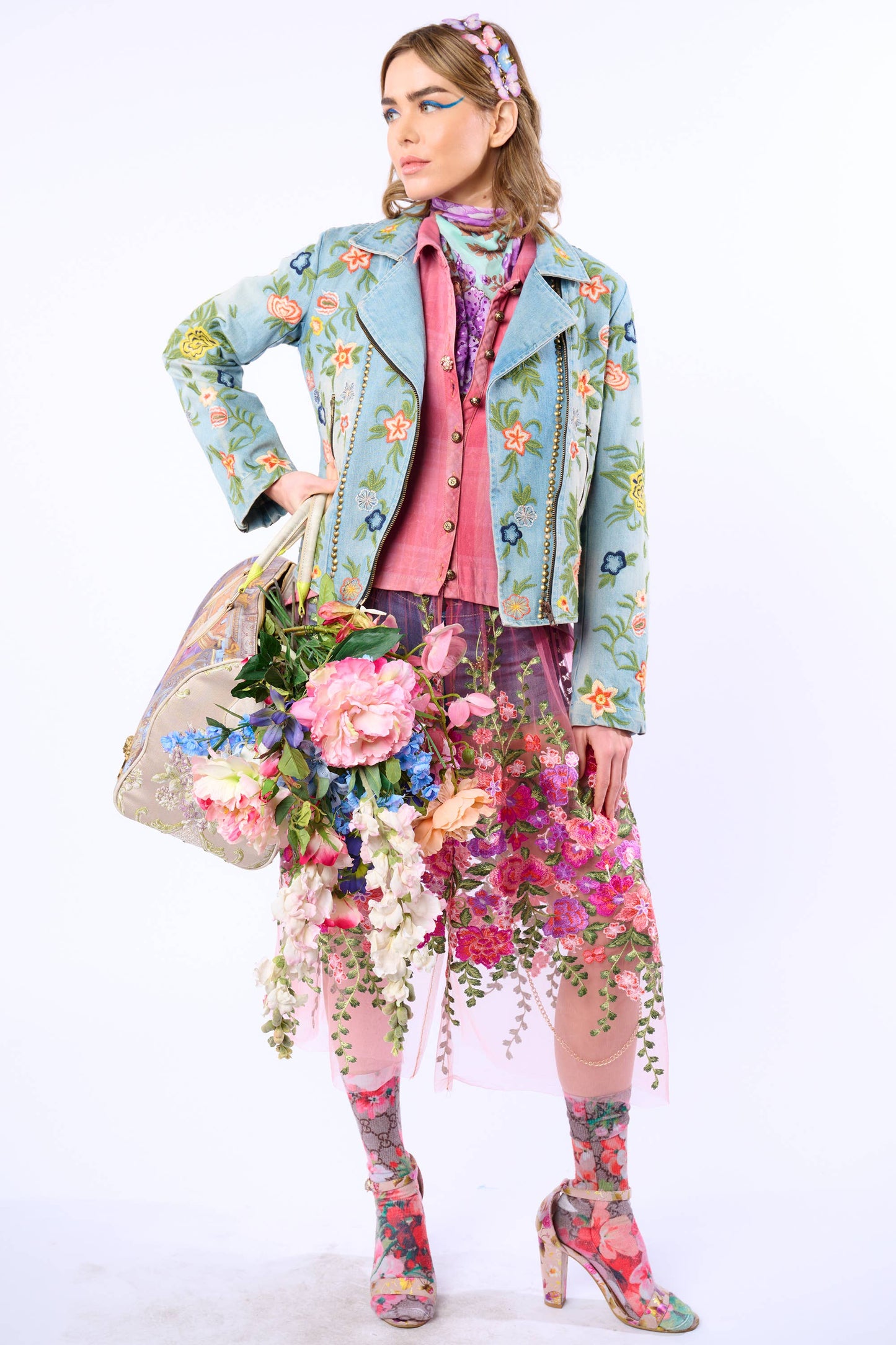 Aratta Lucinda Embroidered Denim Motorcycle Jacket