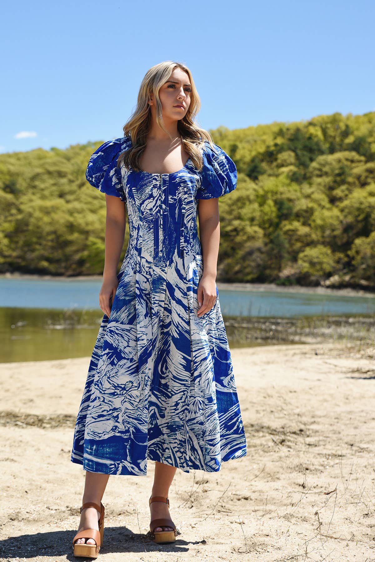 Jessie Zhao Blue Printmaking Scoop Neck Cotton Midi Dress