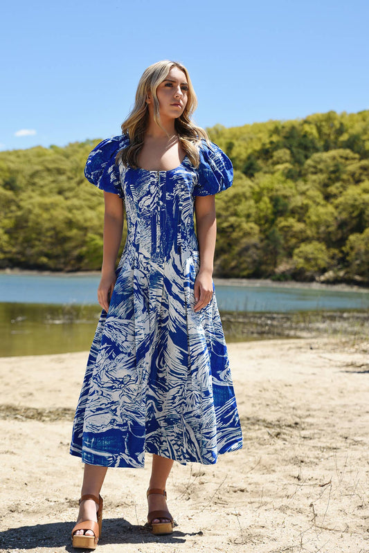 Jessie Zhao Blue Printmaking Scoop Neck Cotton Midi Dress