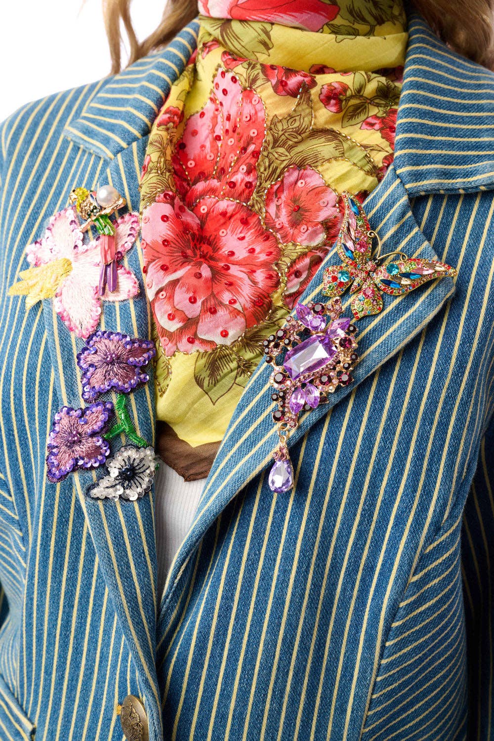 Aratta Alaia Stripe Denim Blazer with Lapel Embellishments